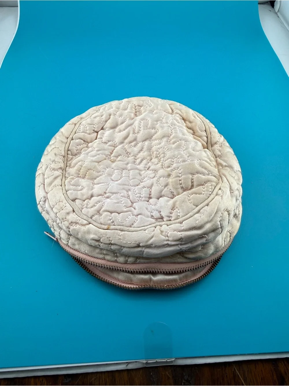Vintage 1950s Quilted Satin Cosmetic Bag, Round Makeup Case, 5” Vanity Pouch
